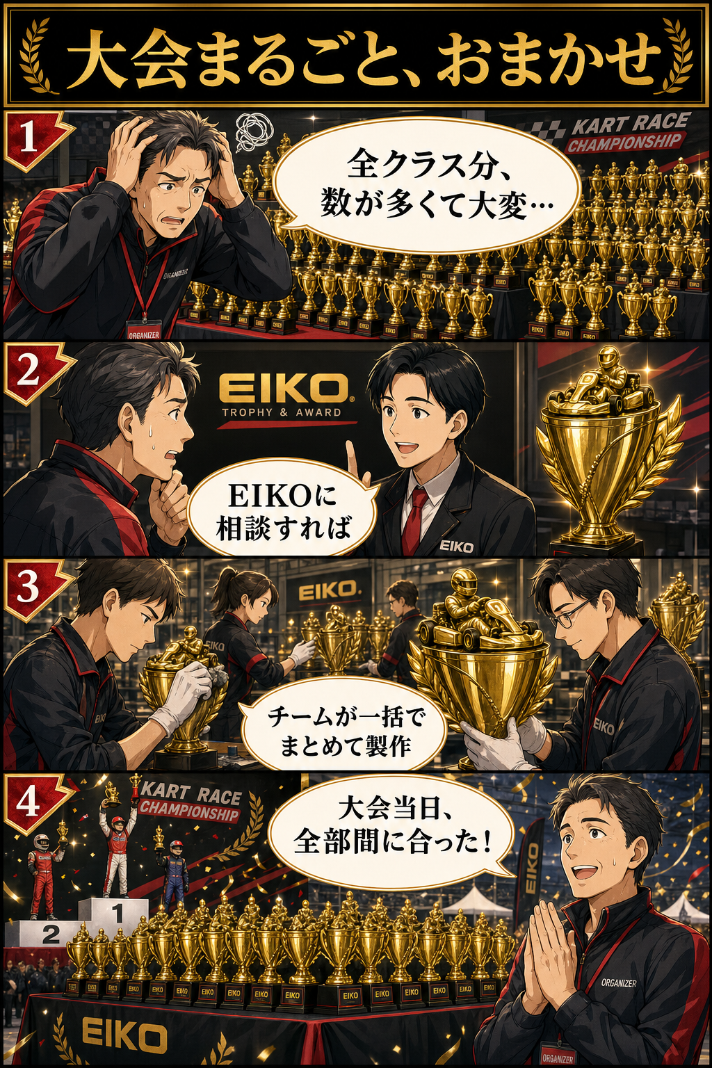 大会まるごと、締切に間に合わせる。(4コマ漫画):全クラス分、数が多くて大変…→EIKOに相談すれば→チームが一括でまとめて製作→大会当日、全部間に合った!