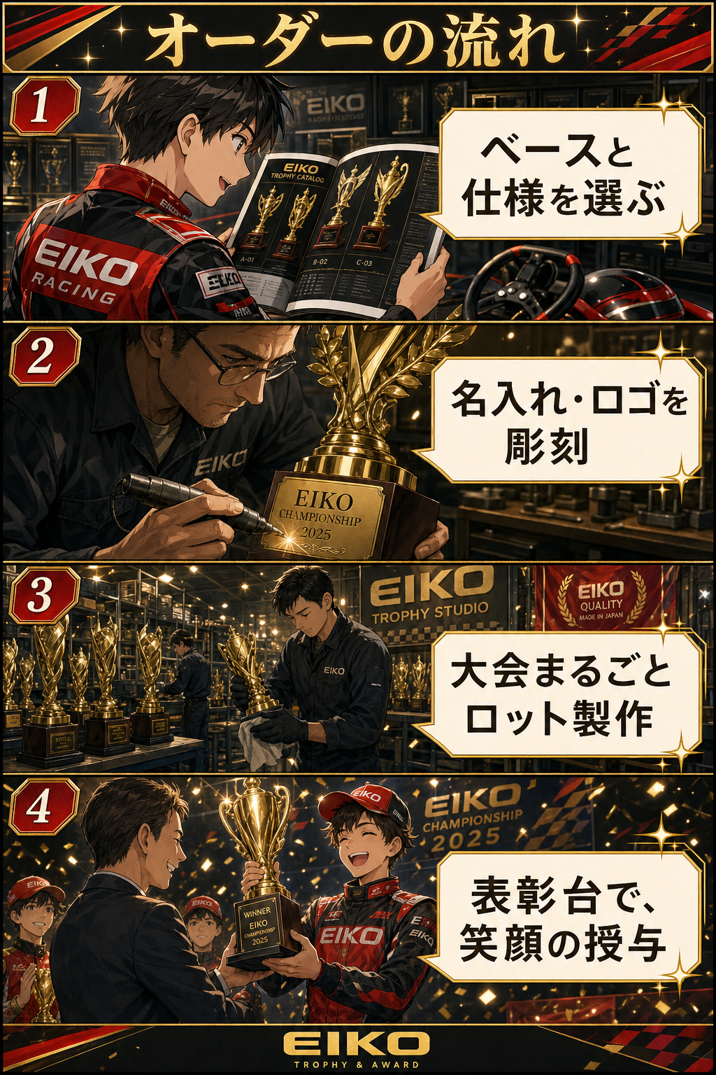 オーダーの流れ(4コマ漫画):ベースと仕様を選ぶ→名入れ・ロゴを彫刻→大会まるごとロット製作→表彰台で、笑顔の授与