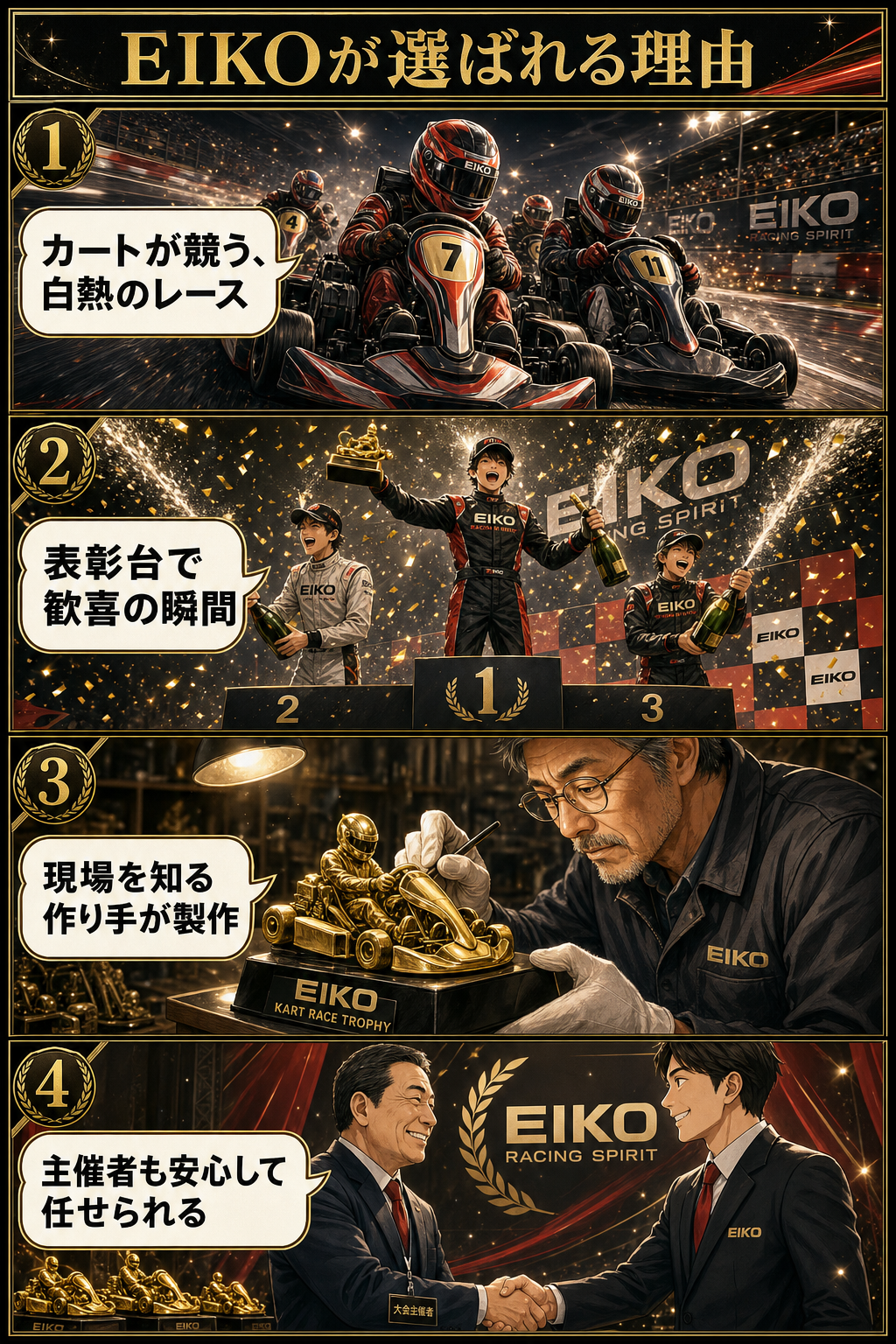 サーキットを自社運営する、唯一のトロフィー屋。(4コマ漫画):カートが競う、白熱のレース→表彰台で歓喜の瞬間→その現場を知る作り手が製作→主催者も安心して任せられる